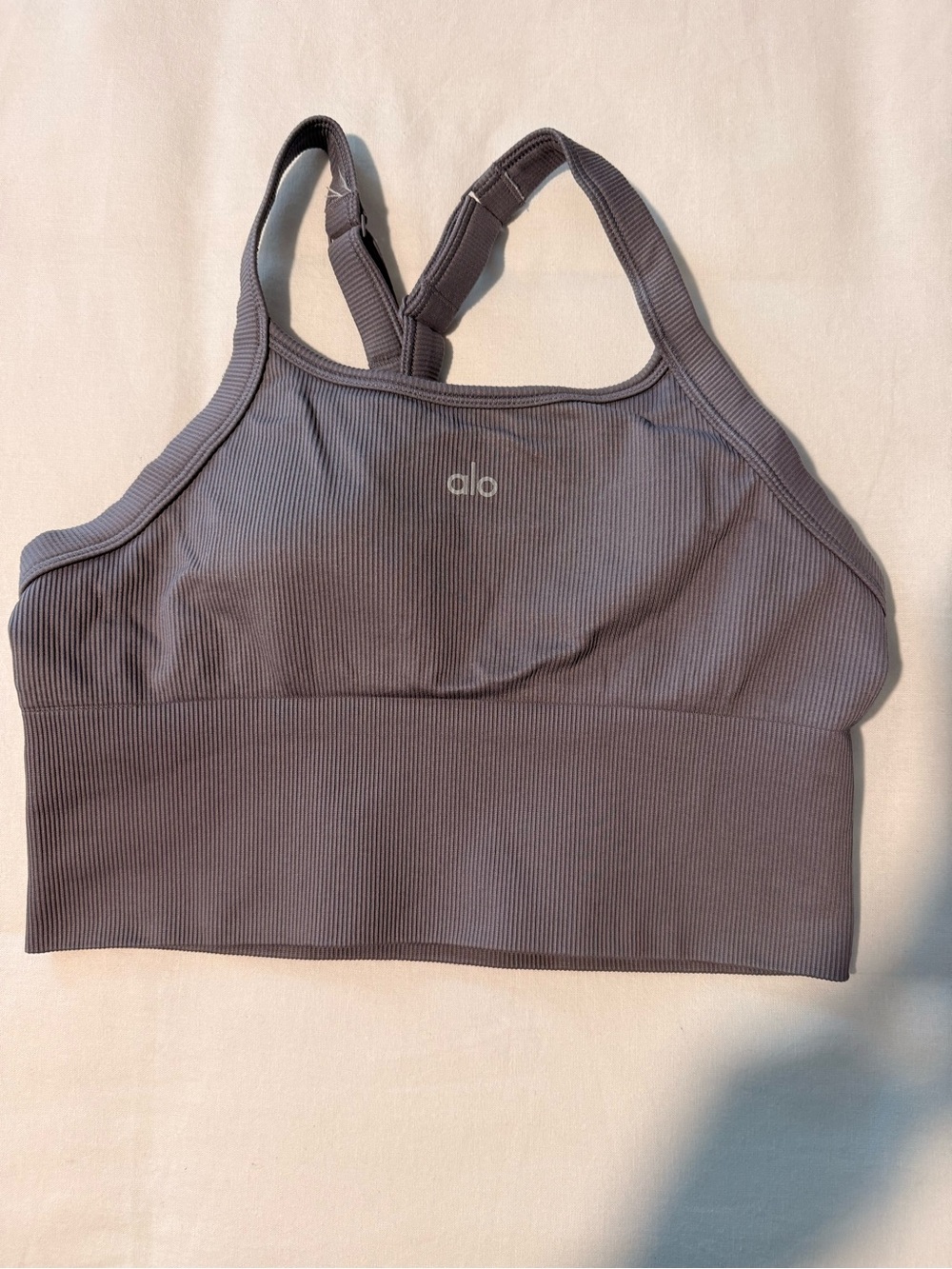 Alo Seamless Ribbed Favorite Bra Tank Ribbed Sports Bra Tank in Fog, size Medium